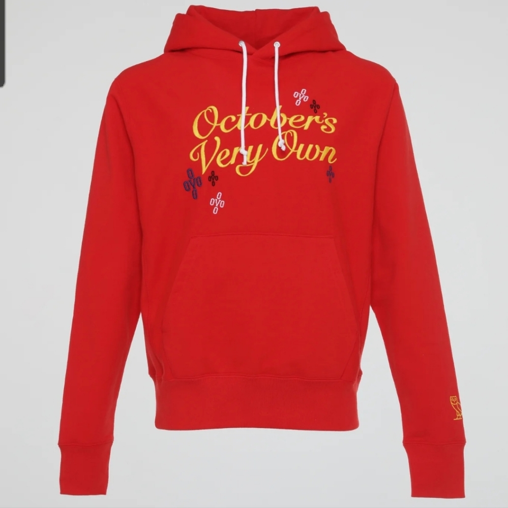 October’s Very Own RED POMPOM SCRIPT HOODED SWEATSHIRT